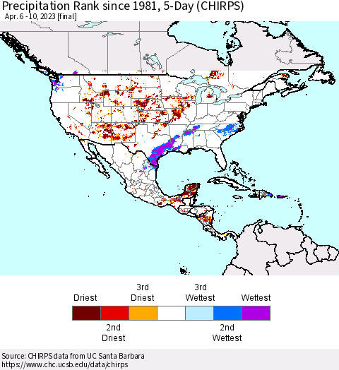 North America Precipitation Rank since 1981, 5-Day (CHIRPS) Thematic Map For 4/6/2023 - 4/10/2023