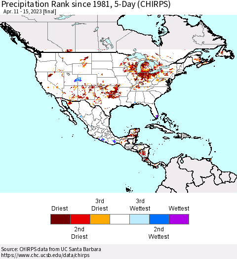 North America Precipitation Rank since 1981, 5-Day (CHIRPS) Thematic Map For 4/11/2023 - 4/15/2023
