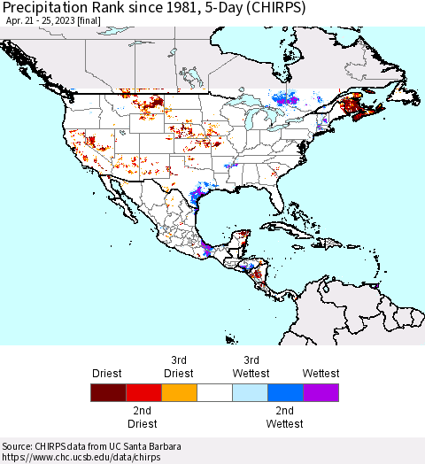 North America Precipitation Rank since 1981, 5-Day (CHIRPS) Thematic Map For 4/21/2023 - 4/25/2023