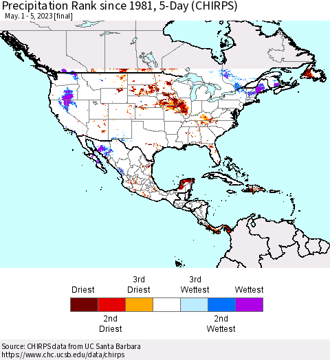 North America Precipitation Rank since 1981, 5-Day (CHIRPS) Thematic Map For 5/1/2023 - 5/5/2023
