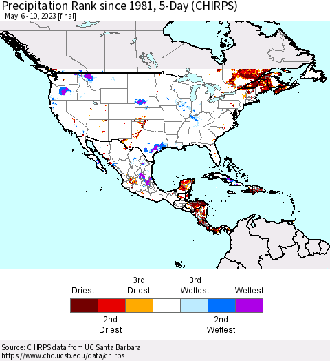 North America Precipitation Rank since 1981, 5-Day (CHIRPS) Thematic Map For 5/6/2023 - 5/10/2023