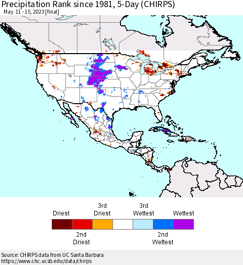 North America Precipitation Rank since 1981, 5-Day (CHIRPS) Thematic Map For 5/11/2023 - 5/15/2023