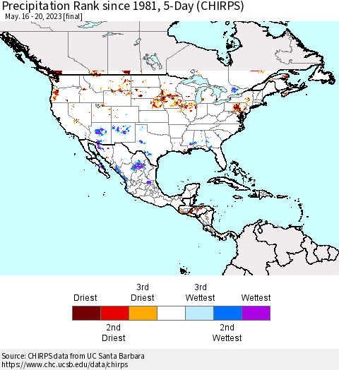 North America Precipitation Rank since 1981, 5-Day (CHIRPS) Thematic Map For 5/16/2023 - 5/20/2023