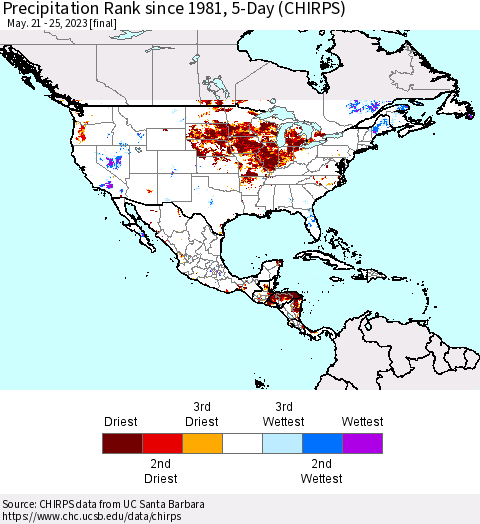 North America Precipitation Rank since 1981, 5-Day (CHIRPS) Thematic Map For 5/21/2023 - 5/25/2023