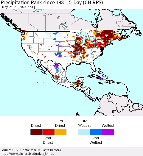 North America Precipitation Rank since 1981, 5-Day (CHIRPS) Thematic Map For 5/26/2023 - 5/31/2023