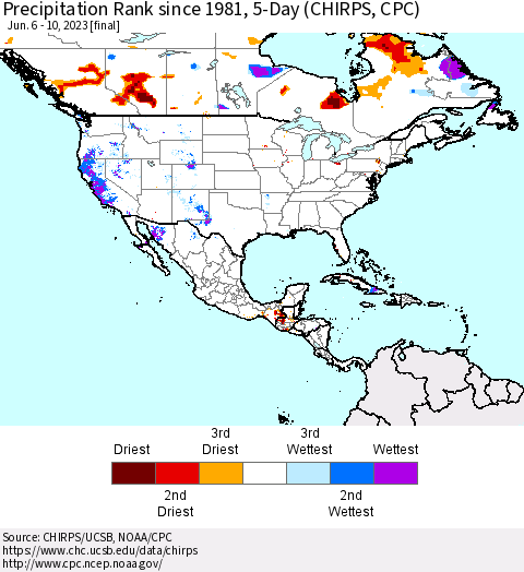 North America Precipitation Rank since 1981, 5-Day (CHIRPS) Thematic Map For 6/6/2023 - 6/10/2023