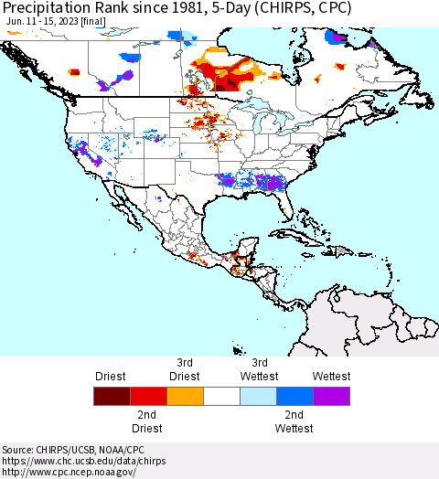 North America Precipitation Rank since 1981, 5-Day (CHIRPS) Thematic Map For 6/11/2023 - 6/15/2023