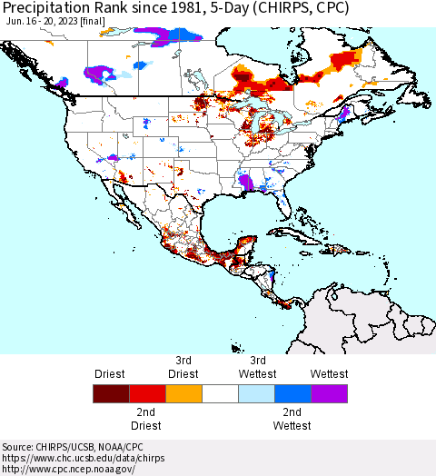 North America Precipitation Rank since 1981, 5-Day (CHIRPS) Thematic Map For 6/16/2023 - 6/20/2023