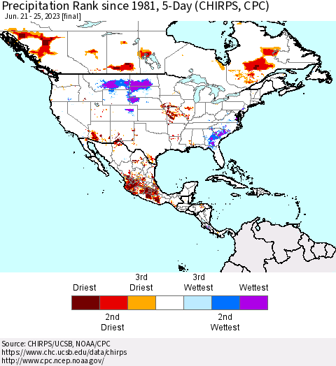North America Precipitation Rank since 1981, 5-Day (CHIRPS) Thematic Map For 6/21/2023 - 6/25/2023