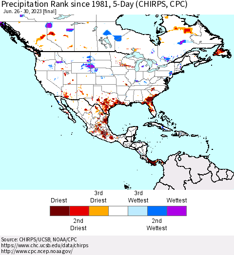 North America Precipitation Rank since 1981, 5-Day (CHIRPS) Thematic Map For 6/26/2023 - 6/30/2023