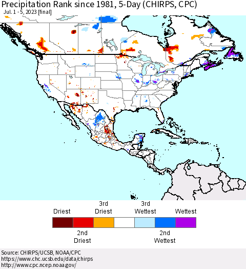 North America Precipitation Rank since 1981, 5-Day (CHIRPS) Thematic Map For 7/1/2023 - 7/5/2023