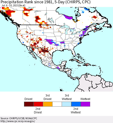 North America Precipitation Rank since 1981, 5-Day (CHIRPS) Thematic Map For 7/6/2023 - 7/10/2023