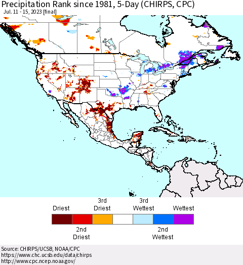 North America Precipitation Rank since 1981, 5-Day (CHIRPS) Thematic Map For 7/11/2023 - 7/15/2023