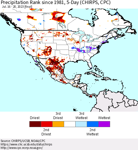 North America Precipitation Rank since 1981, 5-Day (CHIRPS) Thematic Map For 7/16/2023 - 7/20/2023
