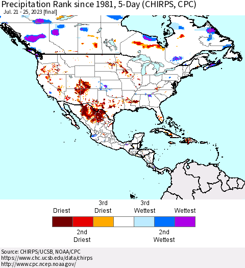 North America Precipitation Rank since 1981, 5-Day (CHIRPS) Thematic Map For 7/21/2023 - 7/25/2023