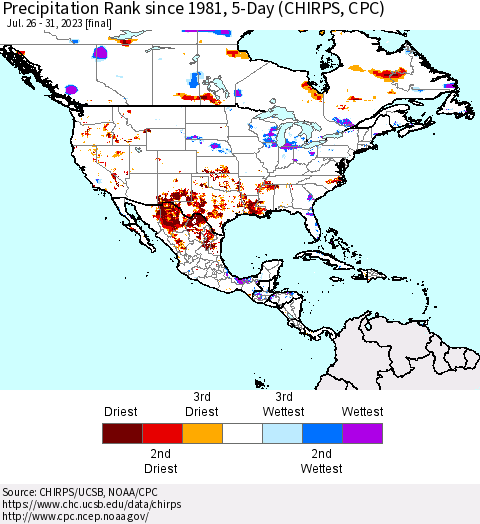 North America Precipitation Rank since 1981, 5-Day (CHIRPS) Thematic Map For 7/26/2023 - 7/31/2023