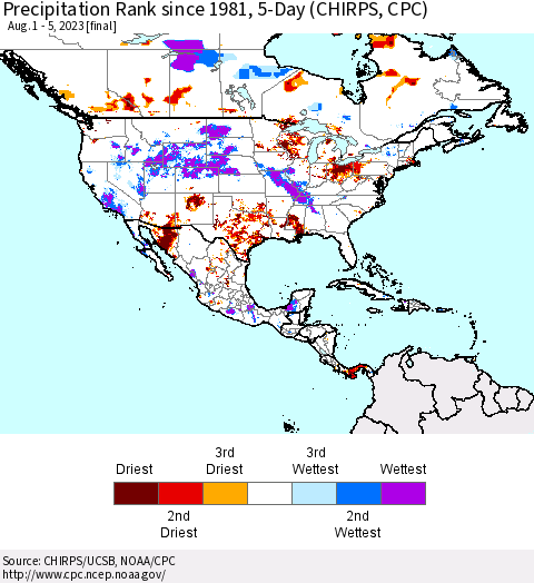 North America Precipitation Rank since 1981, 5-Day (CHIRPS) Thematic Map For 8/1/2023 - 8/5/2023