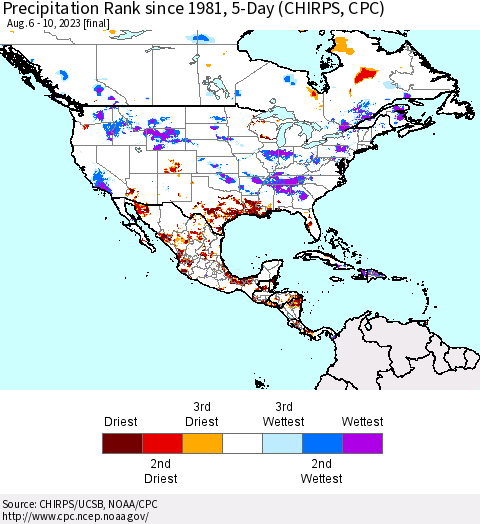 North America Precipitation Rank since 1981, 5-Day (CHIRPS) Thematic Map For 8/6/2023 - 8/10/2023