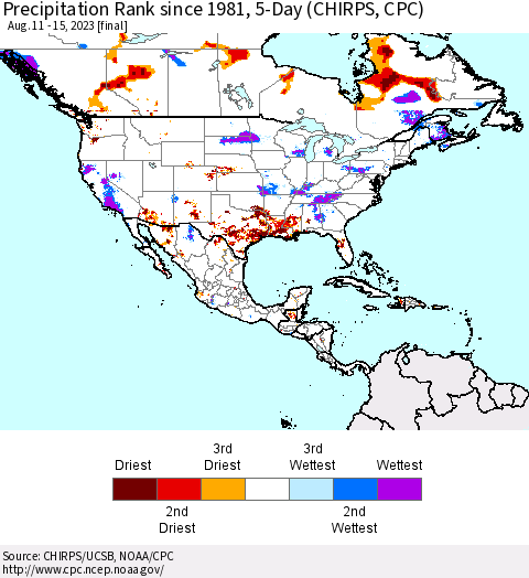 North America Precipitation Rank since 1981, 5-Day (CHIRPS) Thematic Map For 8/11/2023 - 8/15/2023