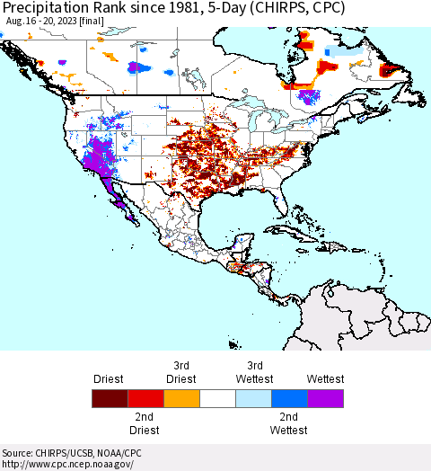 North America Precipitation Rank since 1981, 5-Day (CHIRPS) Thematic Map For 8/16/2023 - 8/20/2023