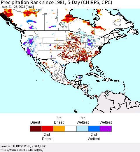 North America Precipitation Rank since 1981, 5-Day (CHIRPS) Thematic Map For 8/21/2023 - 8/25/2023