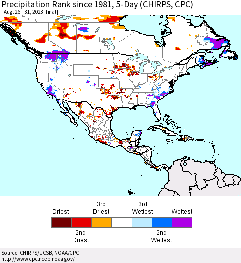 North America Precipitation Rank since 1981, 5-Day (CHIRPS) Thematic Map For 8/26/2023 - 8/31/2023