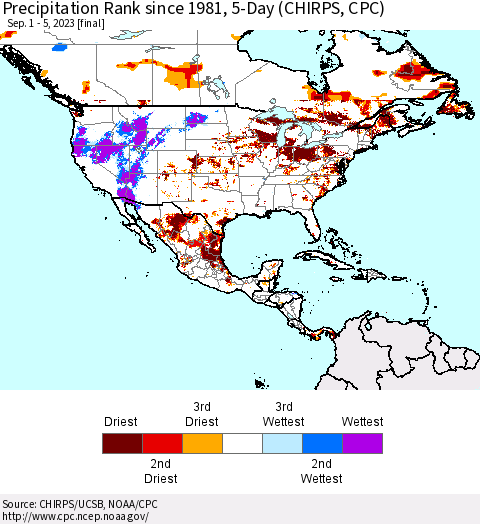 North America Precipitation Rank since 1981, 5-Day (CHIRPS) Thematic Map For 9/1/2023 - 9/5/2023