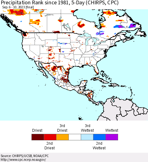 North America Precipitation Rank since 1981, 5-Day (CHIRPS) Thematic Map For 9/6/2023 - 9/10/2023