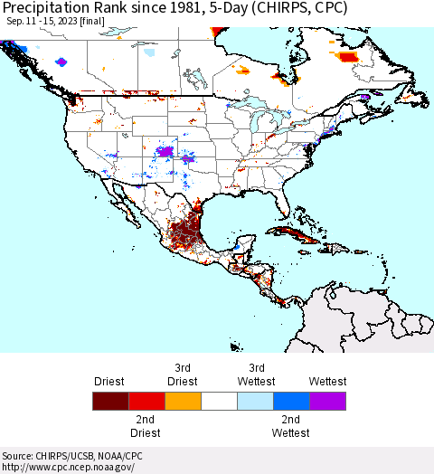 North America Precipitation Rank since 1981, 5-Day (CHIRPS) Thematic Map For 9/11/2023 - 9/15/2023