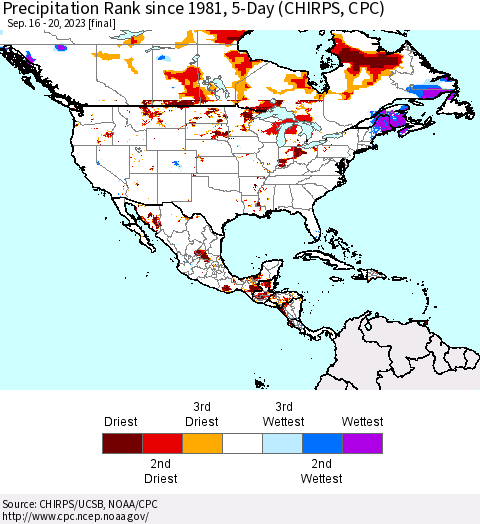 North America Precipitation Rank since 1981, 5-Day (CHIRPS) Thematic Map For 9/16/2023 - 9/20/2023