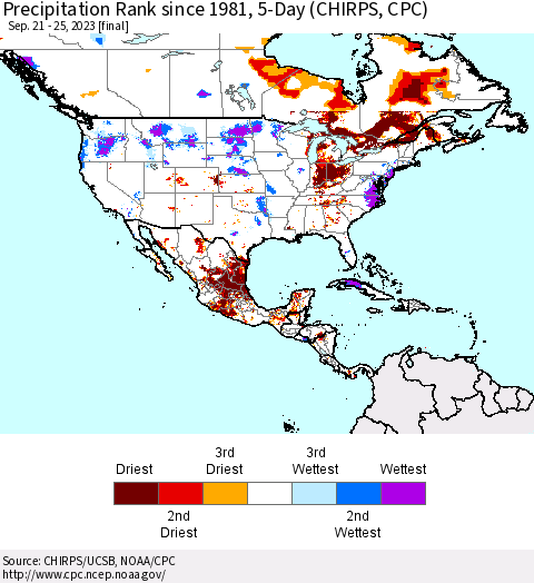 North America Precipitation Rank since 1981, 5-Day (CHIRPS) Thematic Map For 9/21/2023 - 9/25/2023