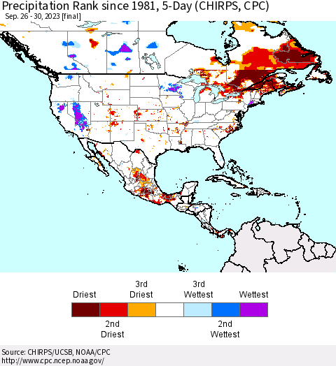 North America Precipitation Rank since 1981, 5-Day (CHIRPS) Thematic Map For 9/26/2023 - 9/30/2023
