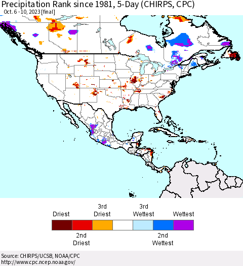 North America Precipitation Rank since 1981, 5-Day (CHIRPS) Thematic Map For 10/6/2023 - 10/10/2023