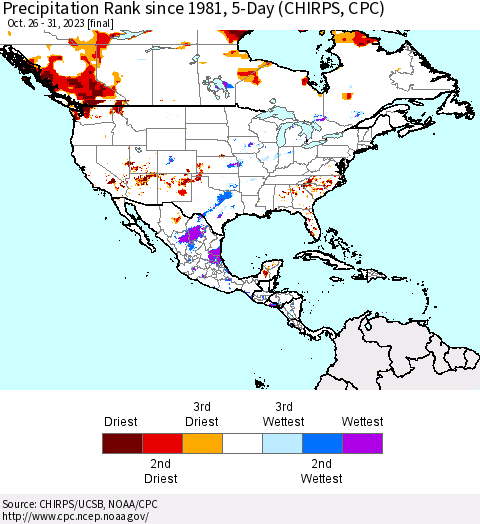North America Precipitation Rank since 1981, 5-Day (CHIRPS) Thematic Map For 10/26/2023 - 10/31/2023