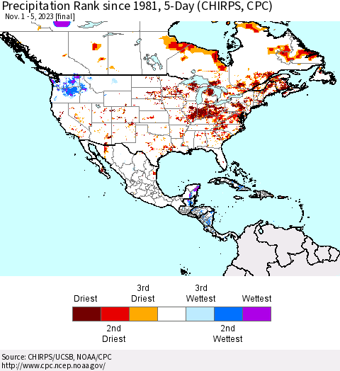 North America Precipitation Rank since 1981, 5-Day (CHIRPS) Thematic Map For 11/1/2023 - 11/5/2023