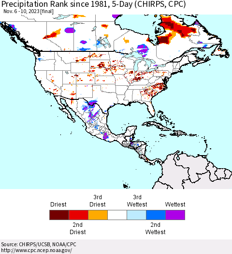 North America Precipitation Rank since 1981, 5-Day (CHIRPS) Thematic Map For 11/6/2023 - 11/10/2023