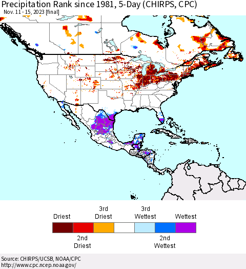 North America Precipitation Rank since 1981, 5-Day (CHIRPS) Thematic Map For 11/11/2023 - 11/15/2023