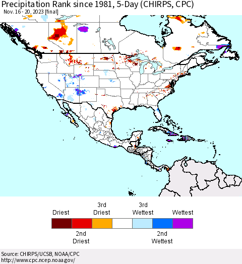 North America Precipitation Rank since 1981, 5-Day (CHIRPS) Thematic Map For 11/16/2023 - 11/20/2023