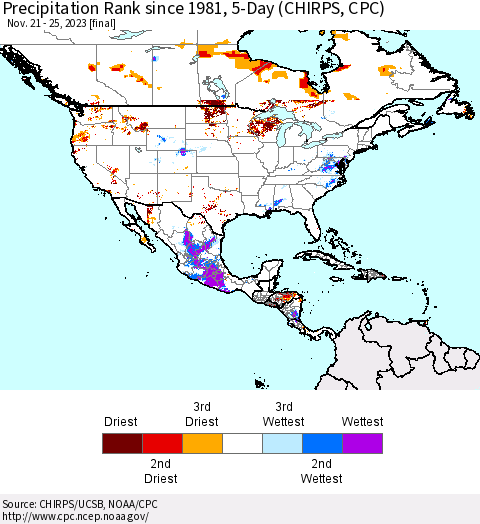 North America Precipitation Rank since 1981, 5-Day (CHIRPS) Thematic Map For 11/21/2023 - 11/25/2023