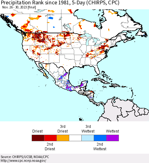 North America Precipitation Rank since 1981, 5-Day (CHIRPS) Thematic Map For 11/26/2023 - 11/30/2023
