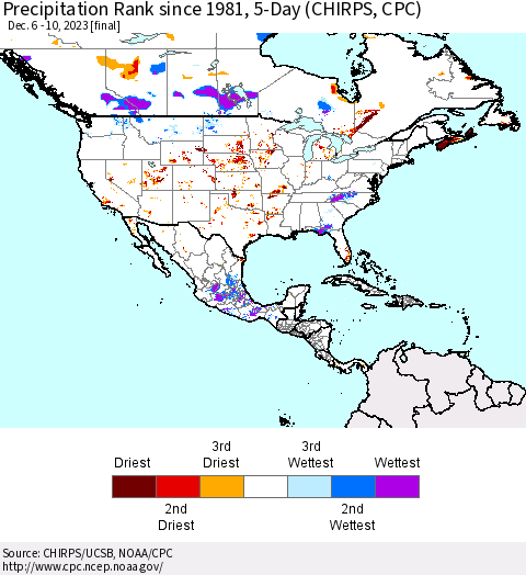 North America Precipitation Rank since 1981, 5-Day (CHIRPS) Thematic Map For 12/6/2023 - 12/10/2023