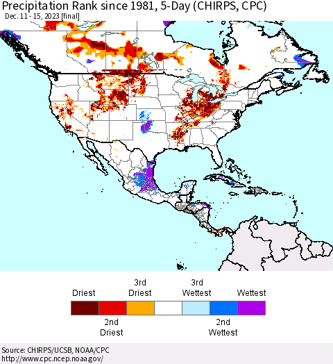 North America Precipitation Rank since 1981, 5-Day (CHIRPS) Thematic Map For 12/11/2023 - 12/15/2023