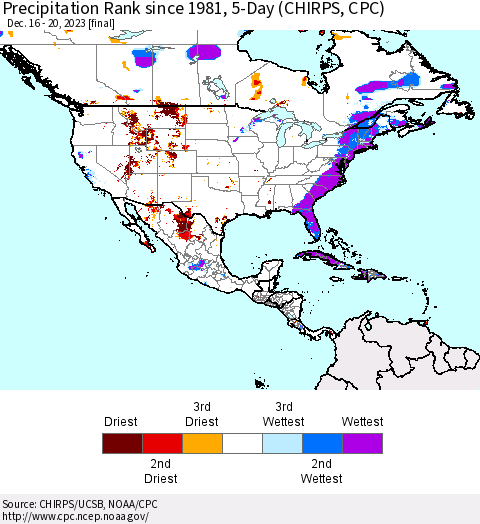 North America Precipitation Rank since 1981, 5-Day (CHIRPS) Thematic Map For 12/16/2023 - 12/20/2023