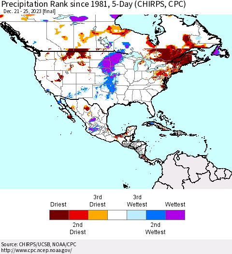 North America Precipitation Rank since 1981, 5-Day (CHIRPS) Thematic Map For 12/21/2023 - 12/25/2023