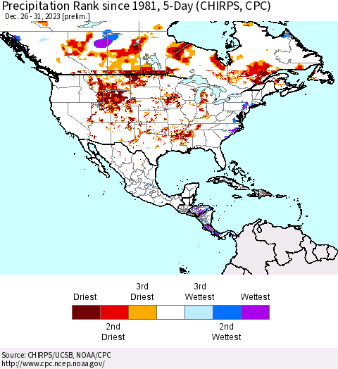 North America Precipitation Rank since 1981, 5-Day (CHIRPS) Thematic Map For 12/26/2023 - 12/31/2023