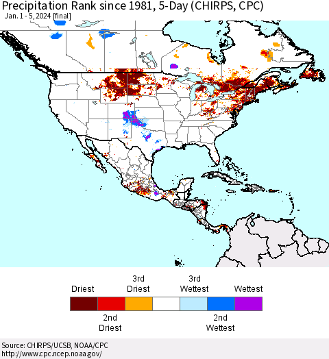 North America Precipitation Rank since 1981, 5-Day (CHIRPS) Thematic Map For 1/1/2024 - 1/5/2024