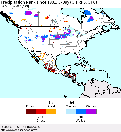 North America Precipitation Rank since 1981, 5-Day (CHIRPS) Thematic Map For 1/11/2024 - 1/15/2024