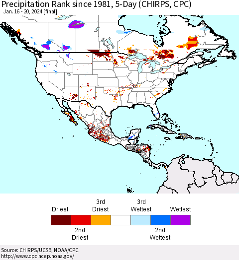 North America Precipitation Rank since 1981, 5-Day (CHIRPS) Thematic Map For 1/16/2024 - 1/20/2024