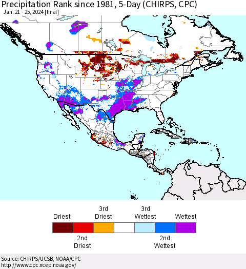 North America Precipitation Rank since 1981, 5-Day (CHIRPS) Thematic Map For 1/21/2024 - 1/25/2024