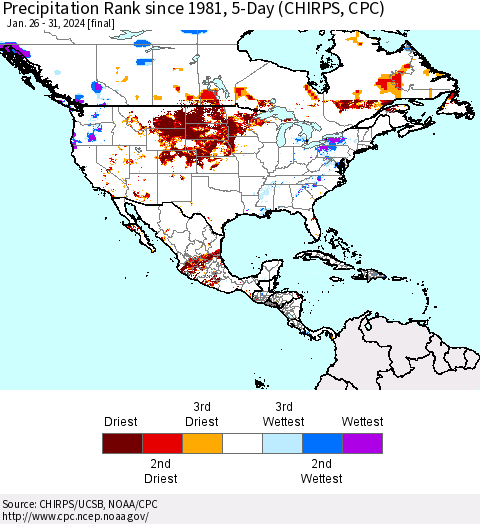 North America Precipitation Rank since 1981, 5-Day (CHIRPS) Thematic Map For 1/26/2024 - 1/31/2024